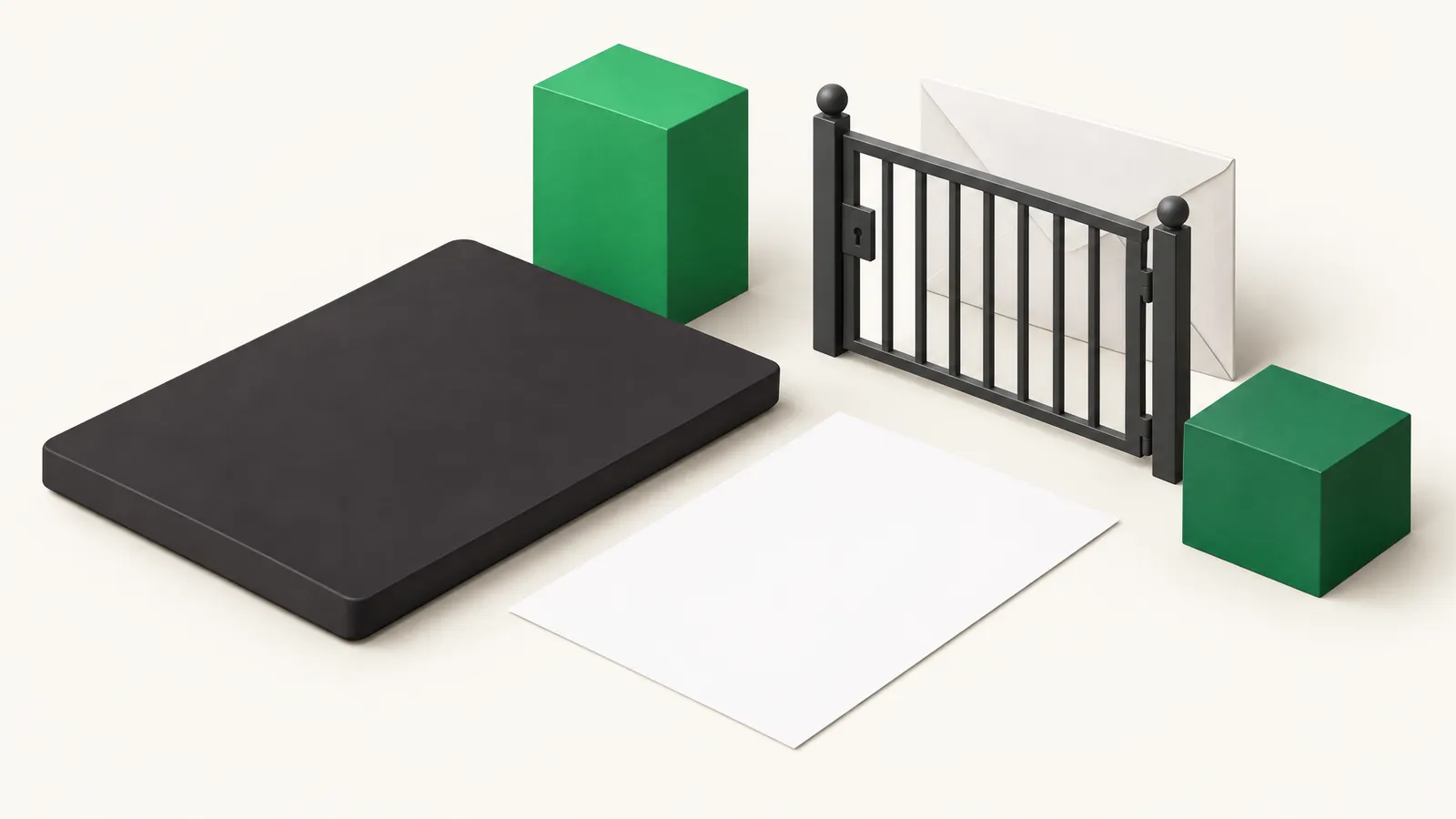 Feuille vierge et enveloppe séparées par une grille fermée, pour figurer le contrôle humain avant une demande de pièce