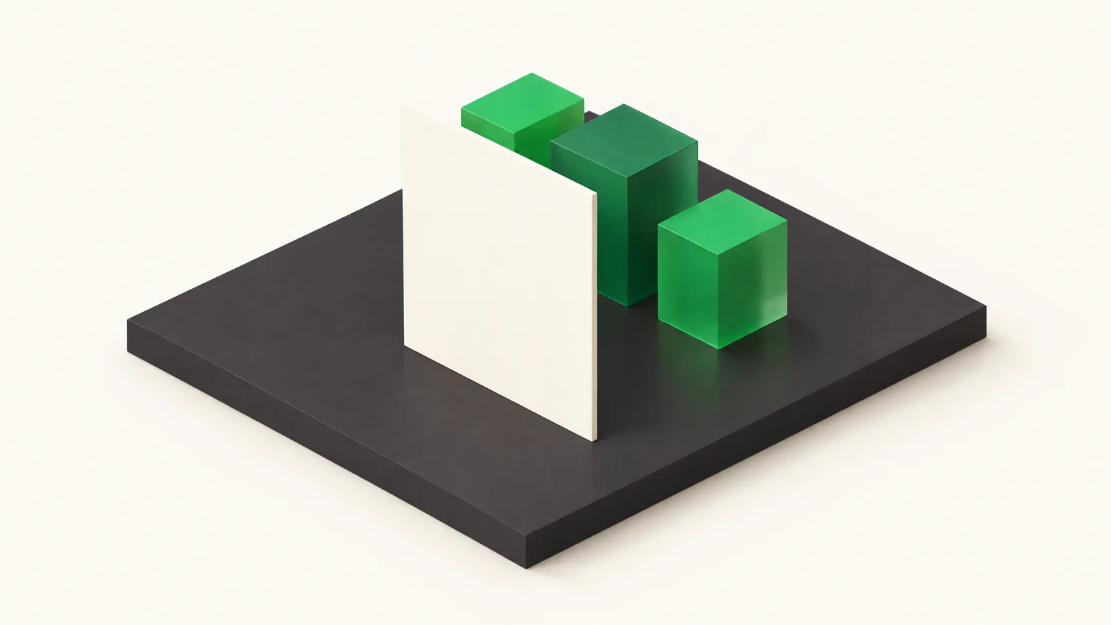 Une feuille vierge et trois points de vérification dans un diorama vert, graphite et crème
