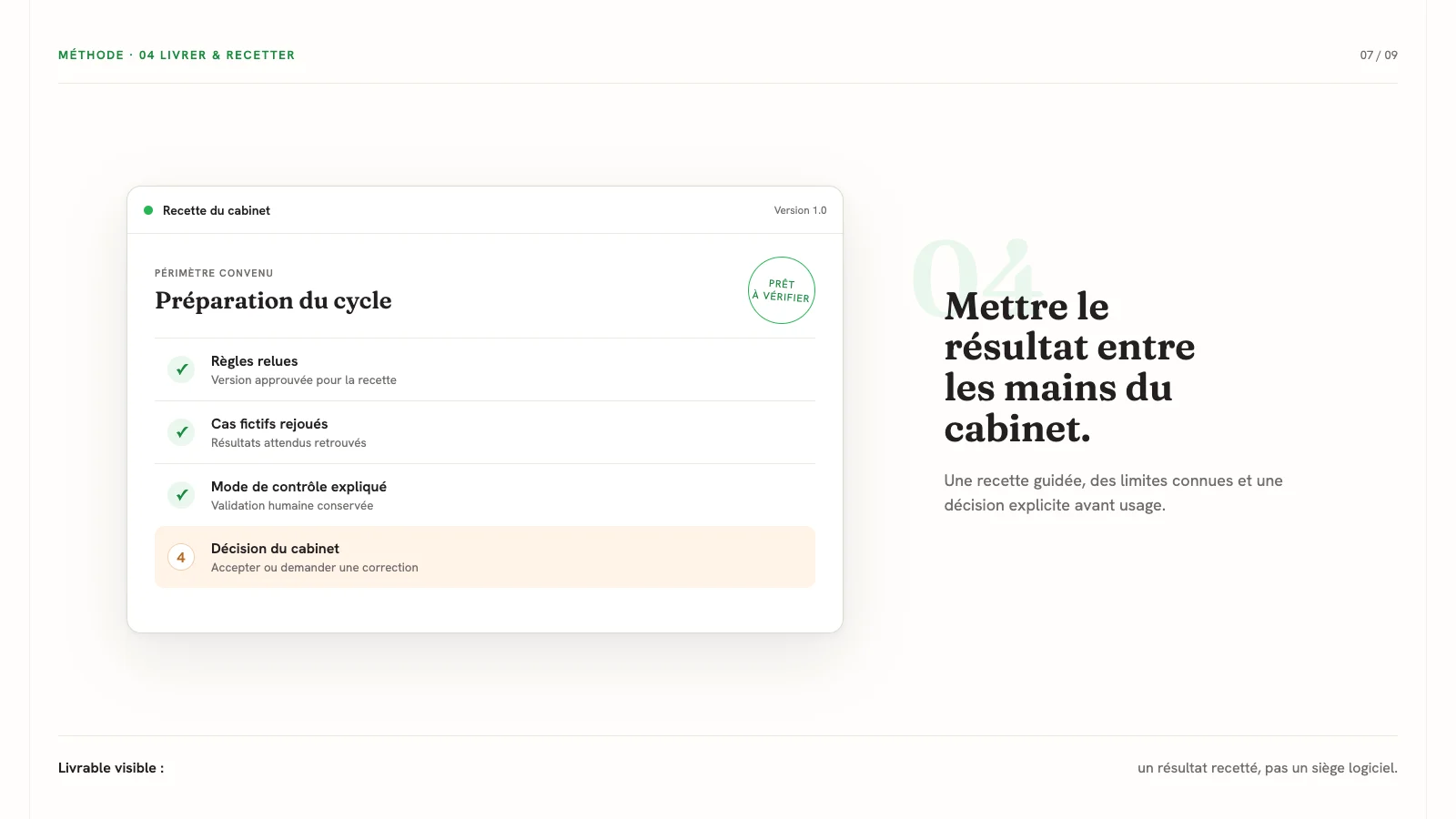 Checklist de recette : règles, cas fictifs et contrôle relus avant la décision du cabinet.