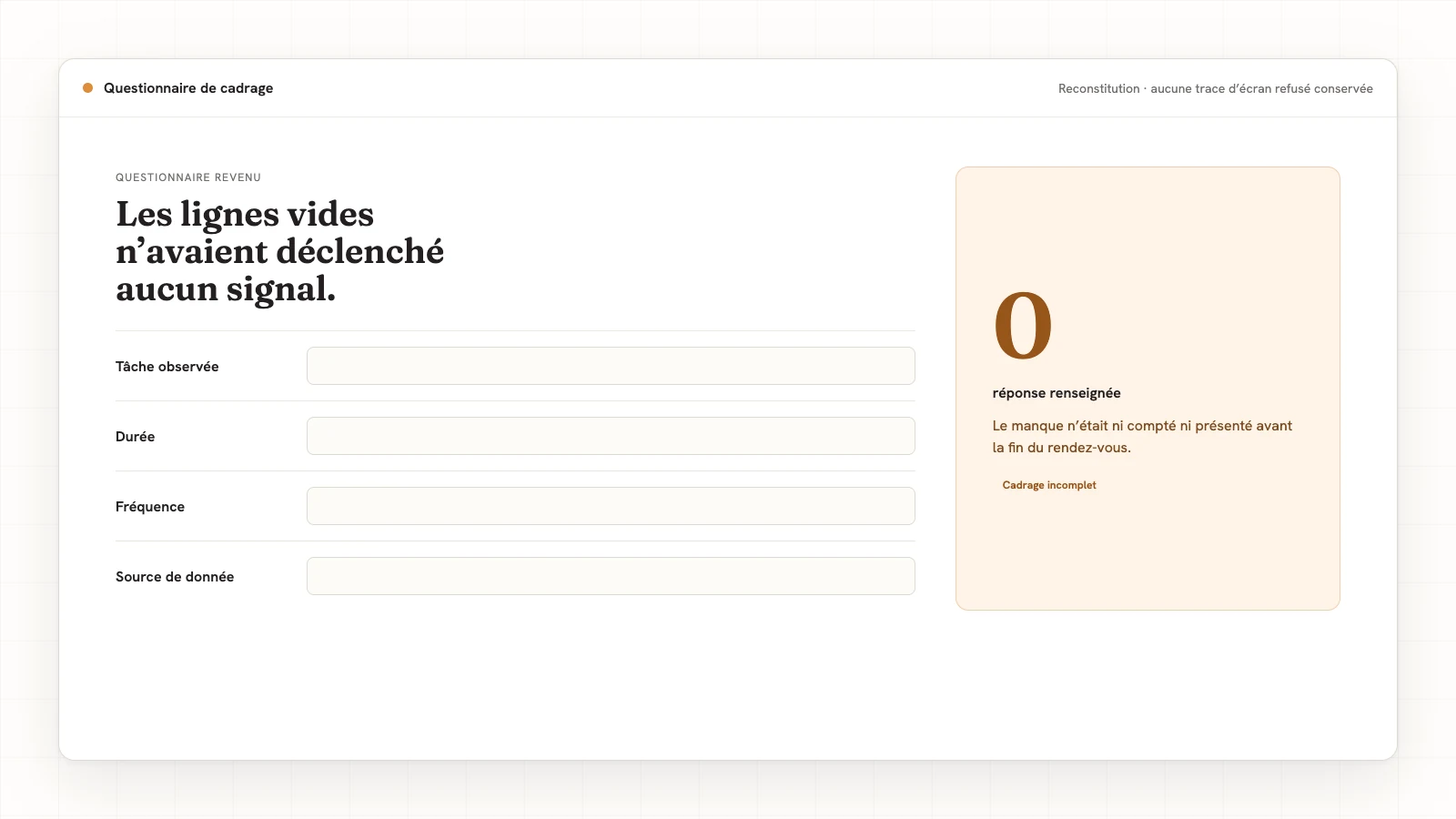 Reconstitution du questionnaire de cadrage revenu vide, sans signal automatique sur les manques.