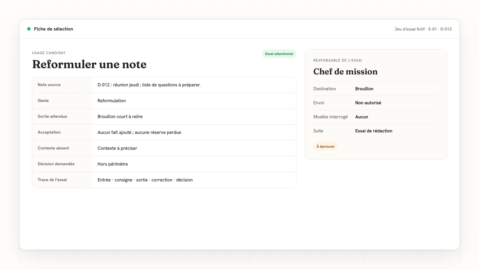 Fiche fictive E-01 : reformulation, note D-012, critère de contrôle et responsable de l’essai.