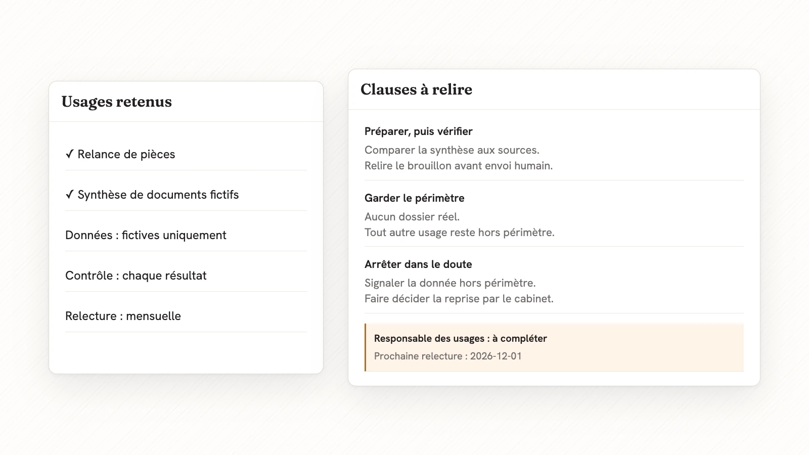 Scène fictive : relance de pièces et synthèse sur données fictives vers trois clauses à relire, responsable des usages à compléter et prochaine relecture au 1er décembre 2026.
