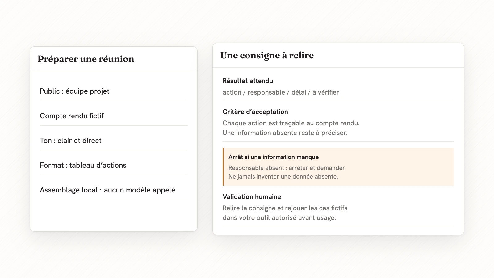 Consigne fictive pour une réunion : public équipe projet, format tableau action, responsable, délai, et arrêt si une information manque.