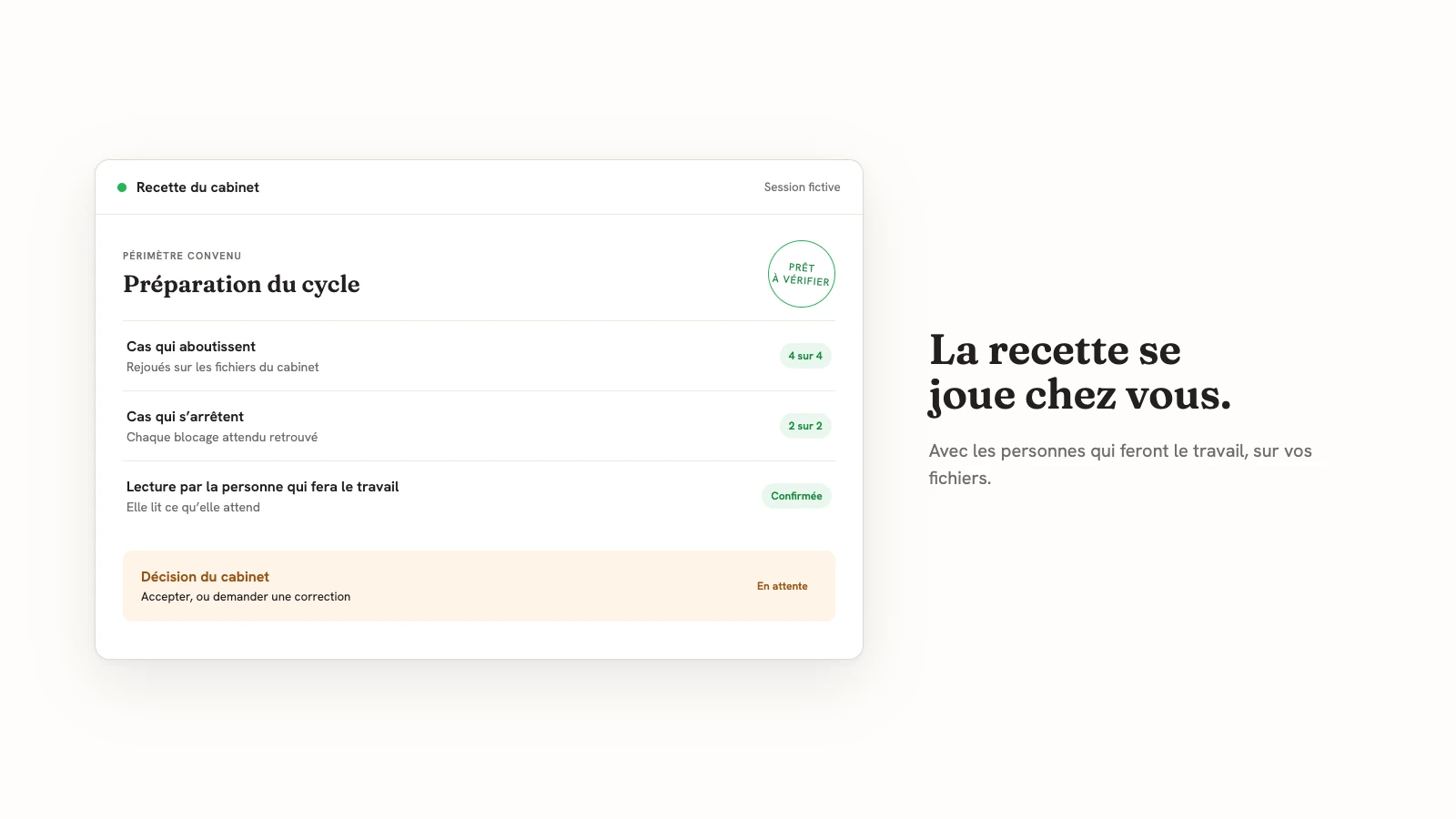 Session de recette fictive : cas aboutis et cas arrêtés rejoués, lecture confirmée, décision du cabinet en attente.