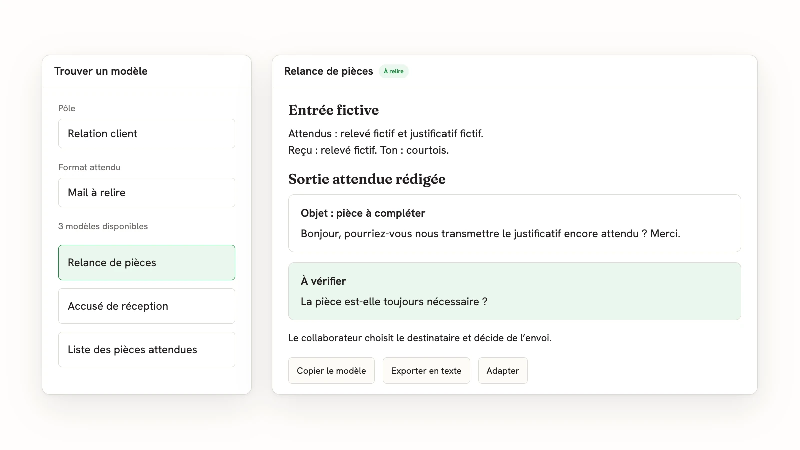 Filtre relation client et mail, fiche de relance : relevé fictif reçu, justificatif fictif attendu, brouillon à relire et pièce nécessaire à confirmer.