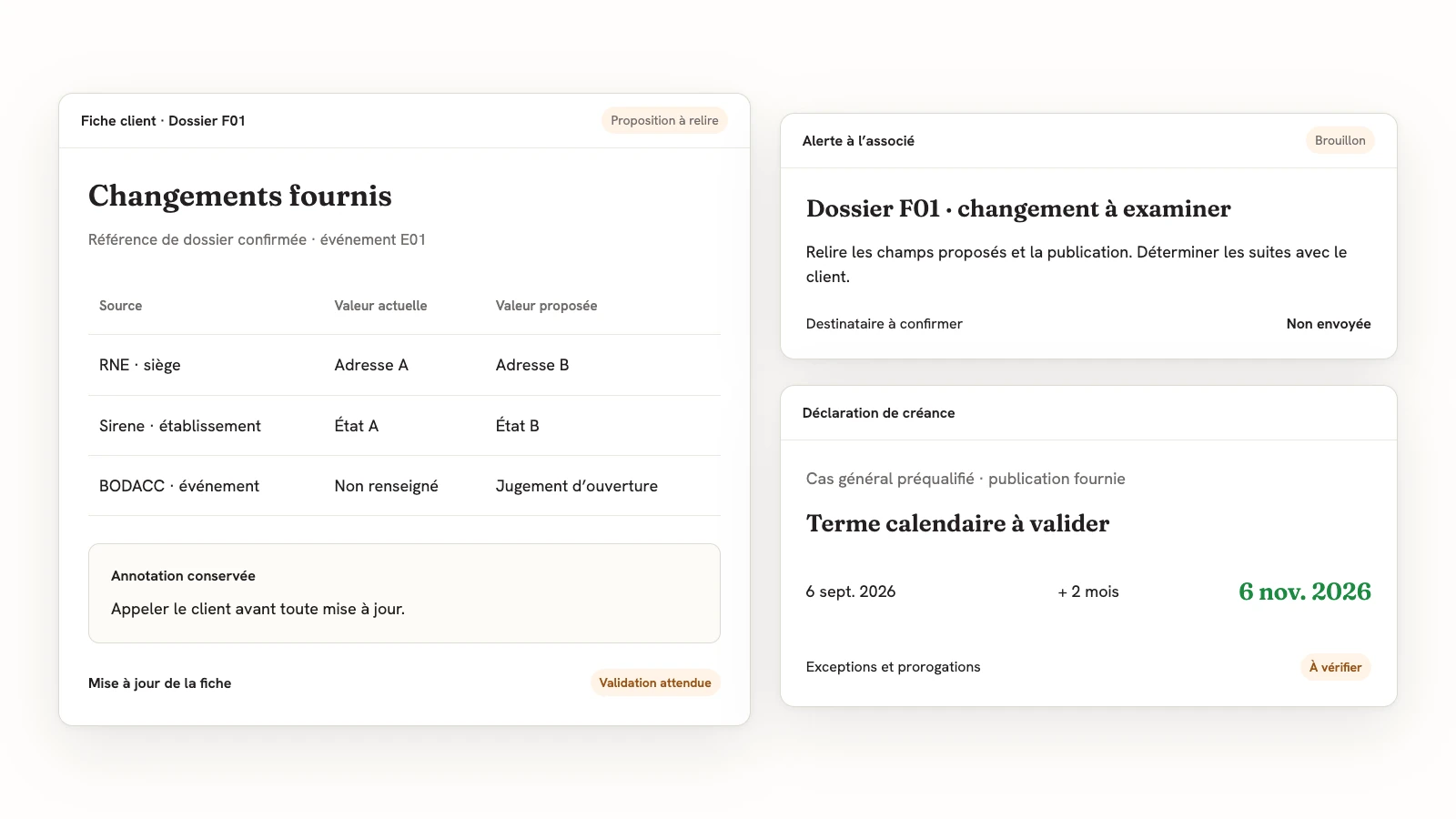 Dossier fictif F01 : changements fournis RNE, Sirene et BODACC, annotation conservée, alerte à l’associé non envoyée et terme calendaire du 6 novembre 2026 à valider.