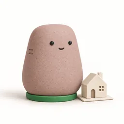 Figurine du robot Collecte IFI, en argile mate, avec une petite maison crème sur une feuille vierge et un anneau vert.