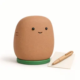 Figurine du robot Mandats de plateforme agréée, en argile mate, avec un stylo de bois clair sur une feuille crème vierge et un anneau vert.