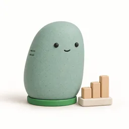 Figurine du robot Tableaux de bord à partir du FEC, en argile mate, avec trois colonnes de bois clair sur un socle crème et un anneau vert.